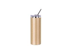 Copo de aço inoxidável com glitter fino de 600 ml com palhinha e tampa (dourado)